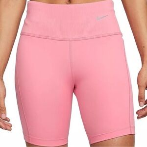 Nike Women Pink Biker Shorts Running Tight Fit Mid Rise Ribbed Panel Spandex XS